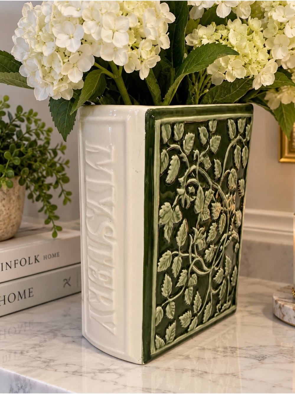 DwellStudio Hand Painted Ceramic Vase Planter Green Ivory Raised Floral 8x6x3
